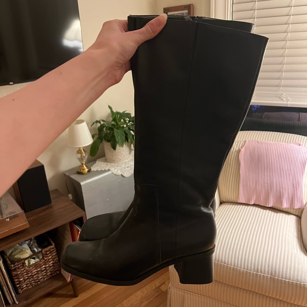 Vintage black Leather square toe Knee-High Boots